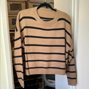 Tan and Black Striped Crew Neck Sweater